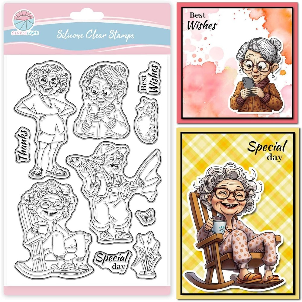 Clear Silicone Stamps For Card Making - Sellos transparentes sonrientes de anciana para