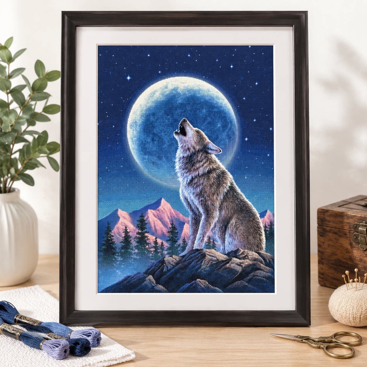 [ZZ9252-Lone Wolf Under the Mo - Cross Stitch Stamped Kits Beginners reseña y precio